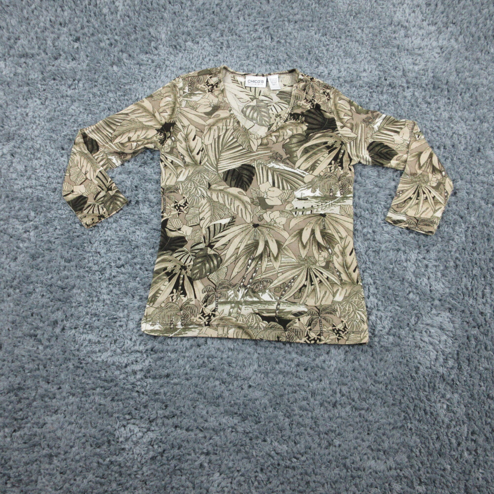 Chicos Travelers Shirt Womens 0 Beige Floral Foliage V-Neck Long Sleeve